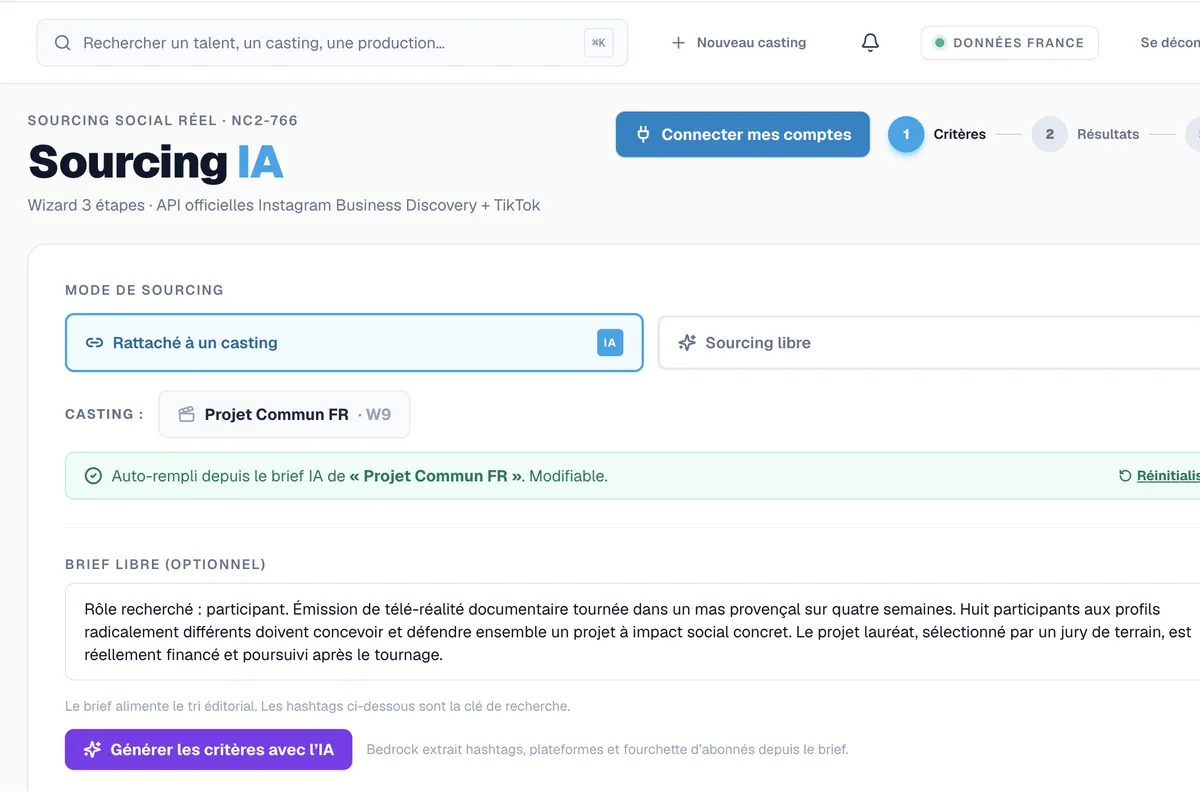 Sourcing IA IzyCast : critères de recherche générés depuis le brief du casting.